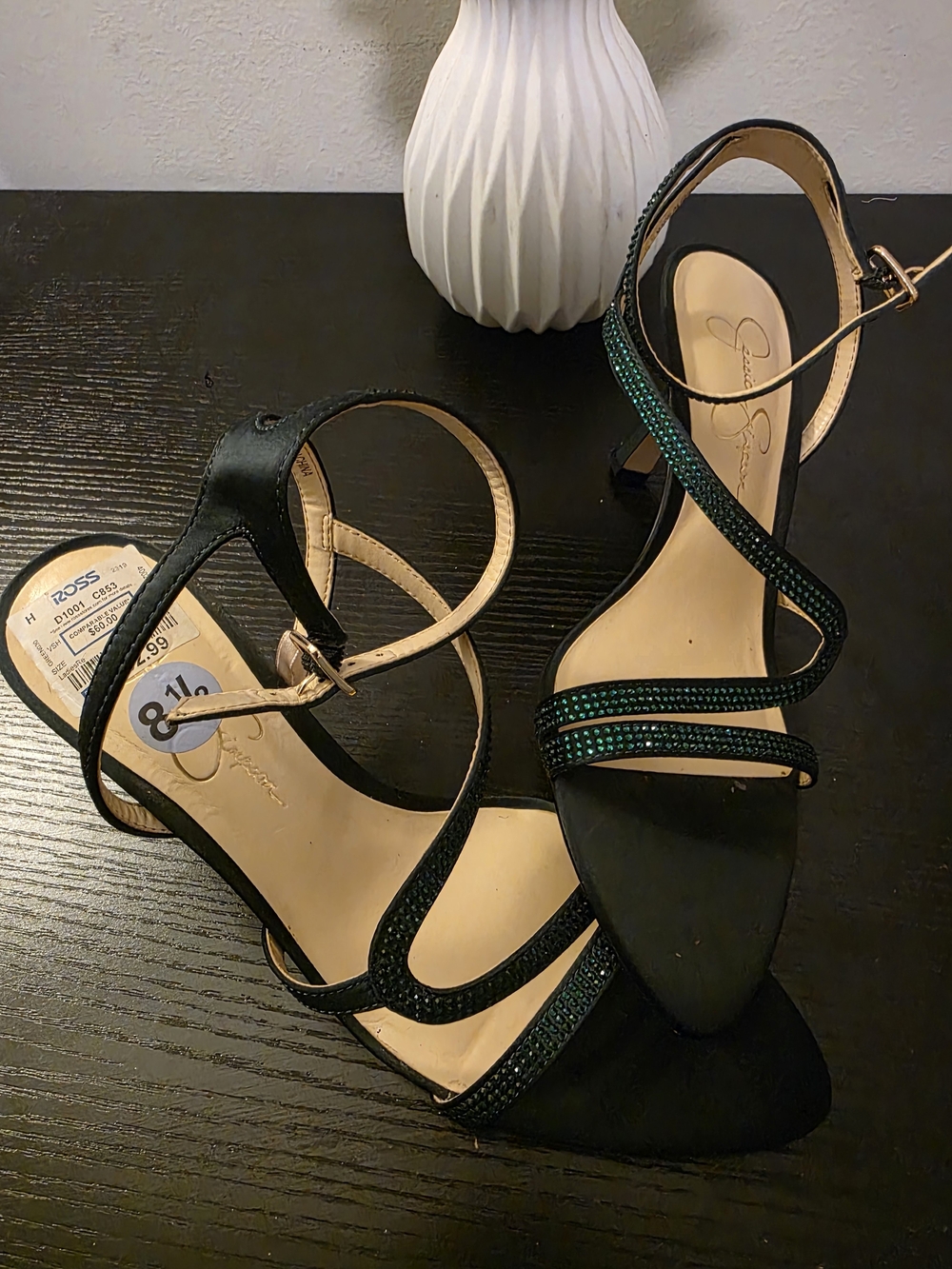 Jessica Simpson Black Strappy Heels with Green Crystal Trim
